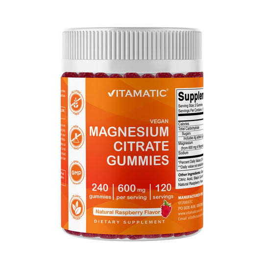 Vitamatic Magnesium Citrate Gummies bottle in raspberry flavor supporting daily nerve and muscle function.