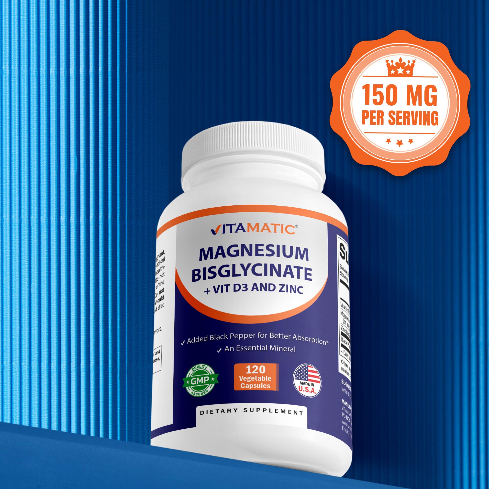 Vitamatic Magnesium icons indicate D3 and zinc for everyday wellness benefits