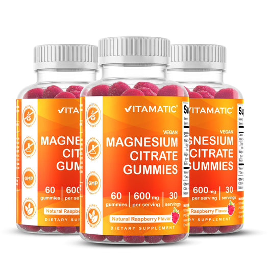 Vitamatic Magnesium Gummies raspberry taste in bottle, daily wellness option