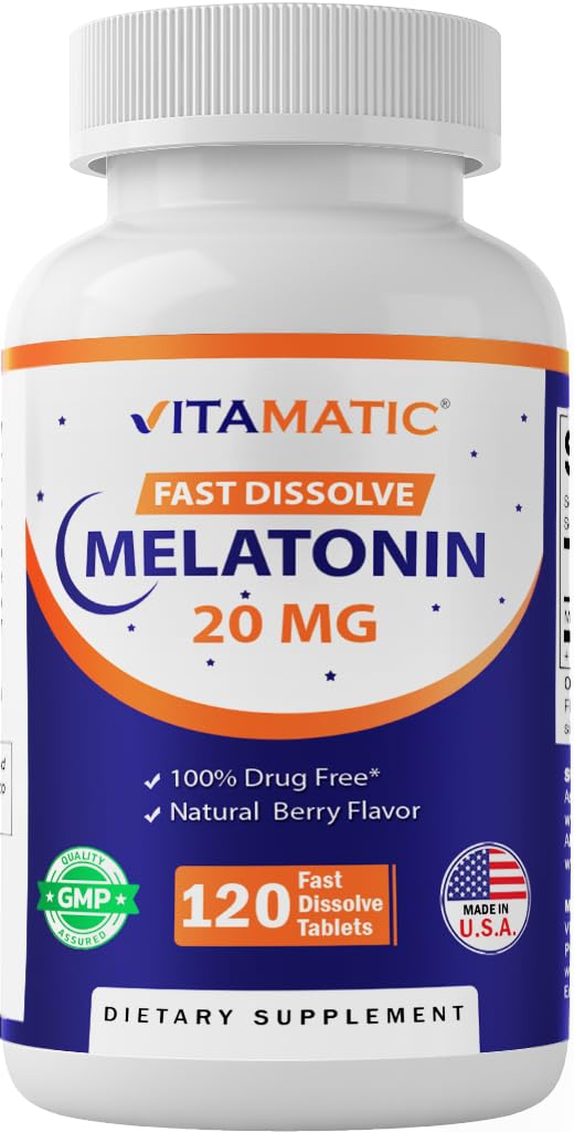 Vitamatic Melatonin 20mg bottle front view highlighting nightly use potential
