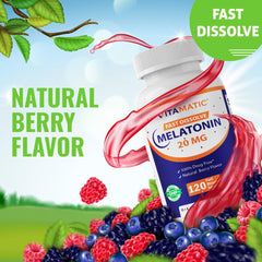 Vitamatic Melatonin 20mg bottle with cap and pills ready to take