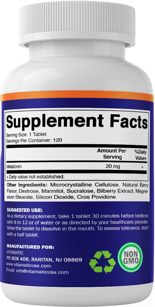 Ingredients panel for Vitamatic Melatonin 20mg highlighting clean formula