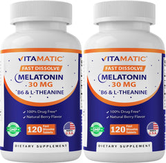 Vitamatic Melatonin bottle front for berry-flavored sleep support