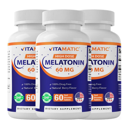 Vitamatic Melatonin 60 mg fast dissolve tablets in berry flavor support a calm bedtime routine