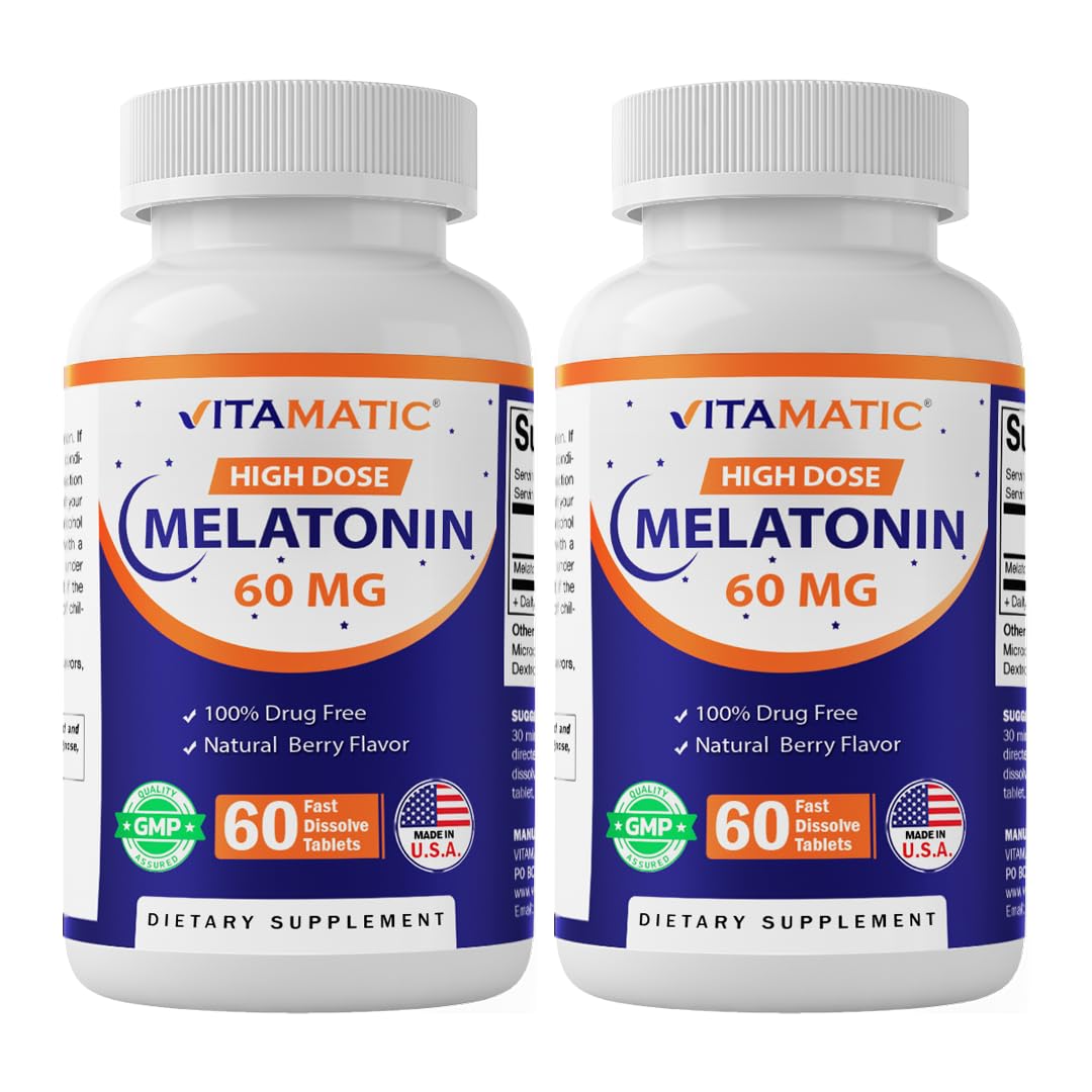 Vitamatic Melatonin 60 mg fast-dissolve tablets in bottle for quick nightly support