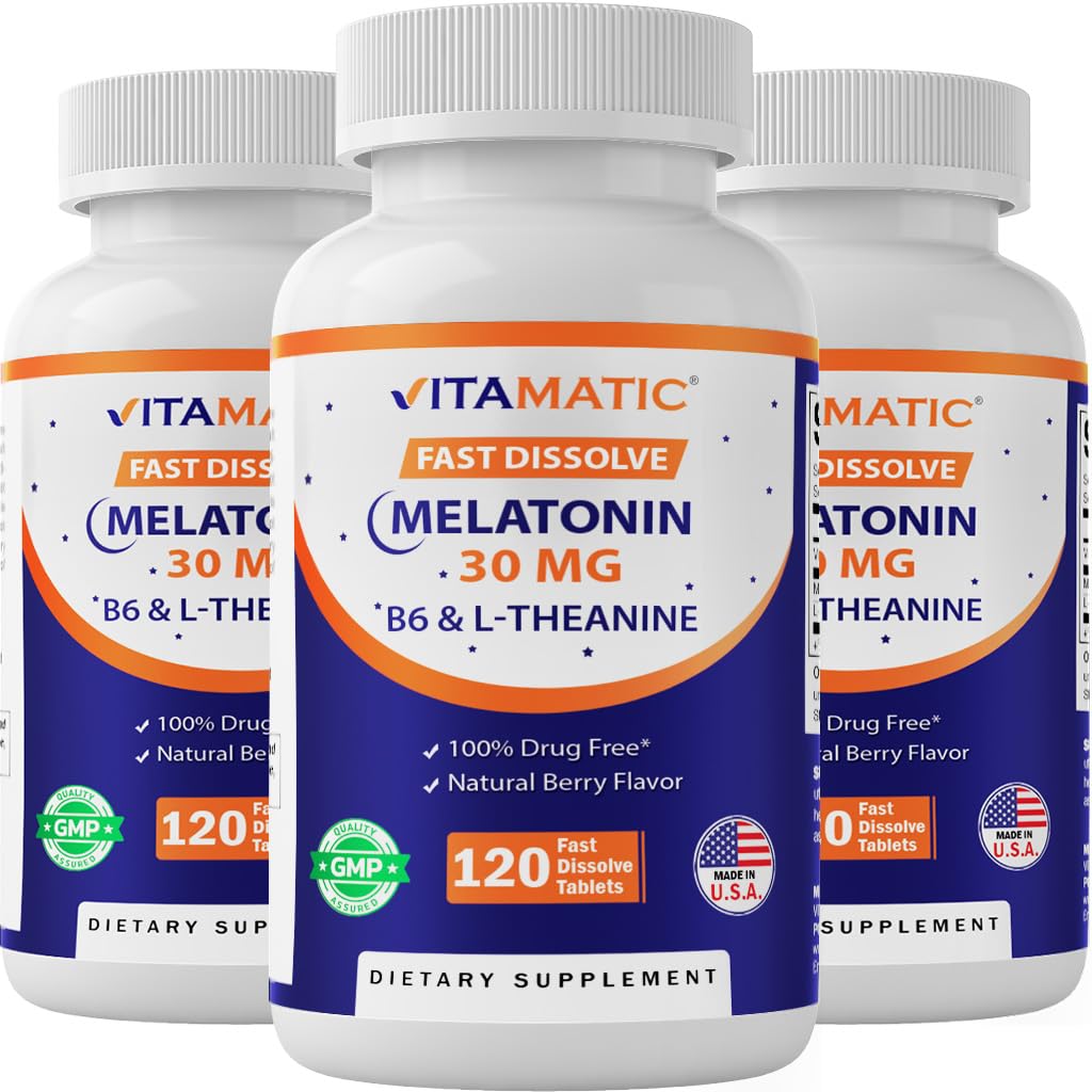 Vitamatic Melatonin fast-dissolve bottle for easy nightly use.