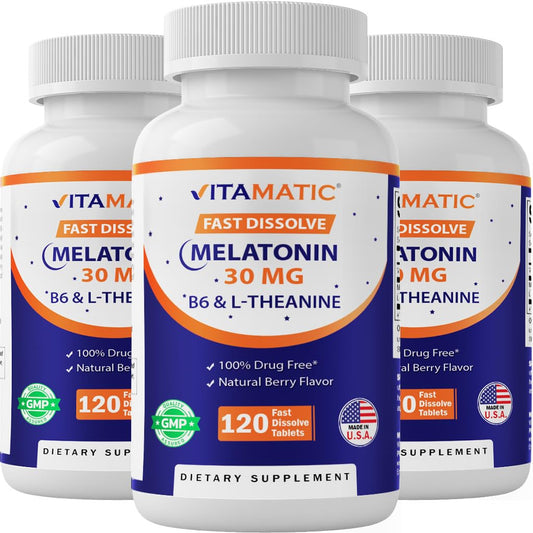 Vitamatic Melatonin fast-dissolve bottle for easy nightly use.