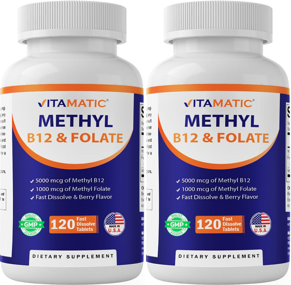Vitamatic Methyl Folate B12 bottle with easy-dissolve tablets for daily energy support