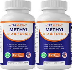 Vitamatic Methyl Folate B12 bottle with easy-dissolve tablets for daily energy support