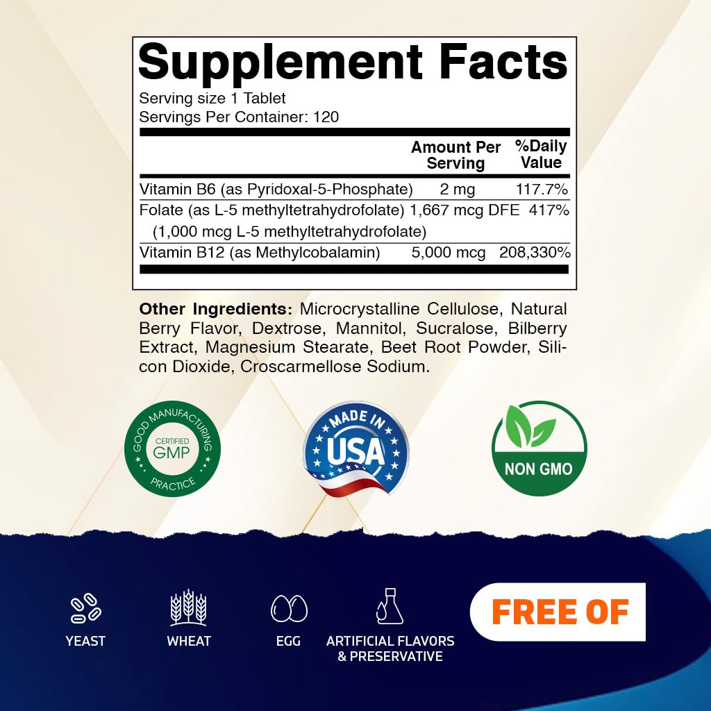 Vitamatic bottle label showing ingredients and counts for 5-MTHF, B12, and P-5-P