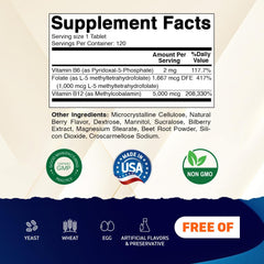 Vitamatic bottle label showing ingredients and counts for 5-MTHF, B12, and P-5-P