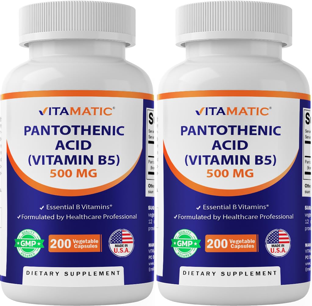Vitamatic Pantothenic Acid 500mg bottle front highlights daily energy support.