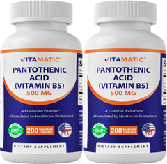 Vitamatic Pantothenic Acid 500mg bottle front highlights daily energy support.