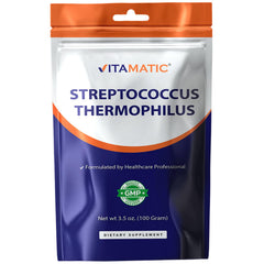 Vitamatic probiotic powder bottle for daily digestive support.