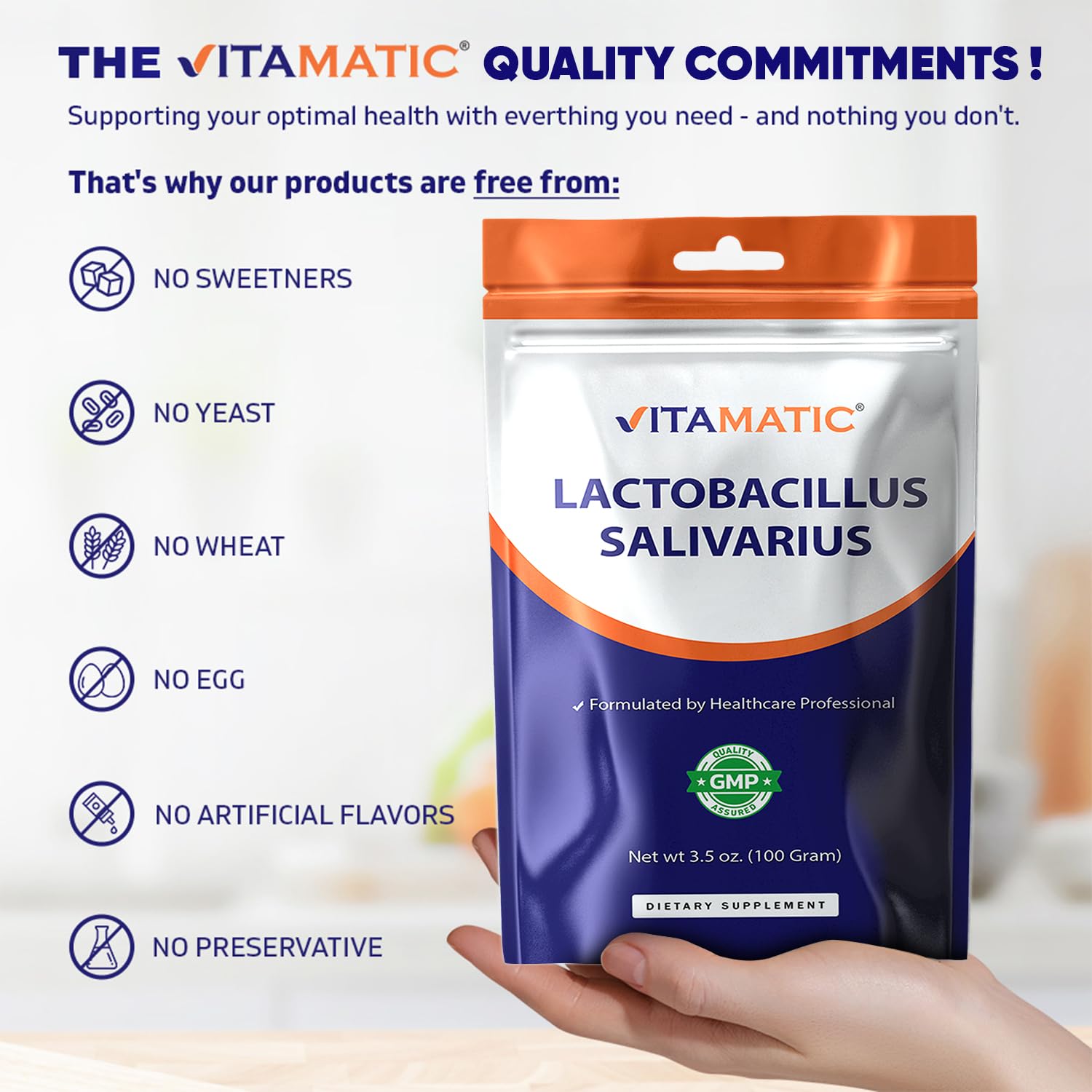 Vitamatic probiotic powder container close-up emphasizes compact design.
