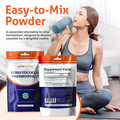 Vitamatic probiotic powder jar close-up highlighting purity and potency.