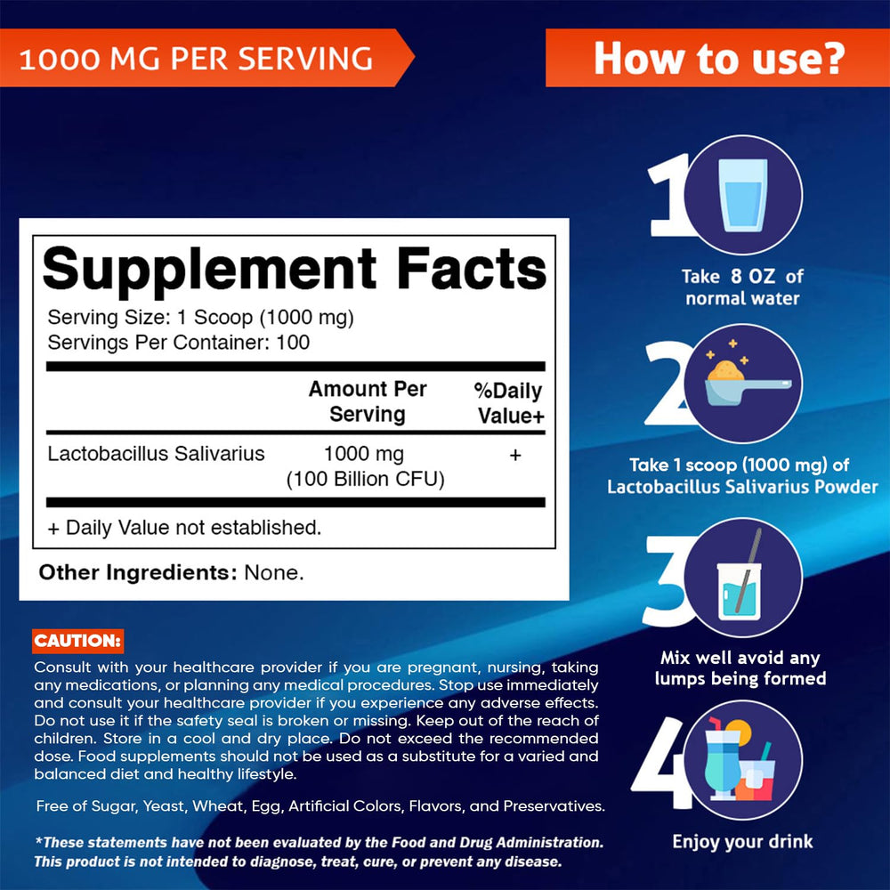 Vitamatic Lactobacillus Salivarius powder packaging supports convenient daily servings.