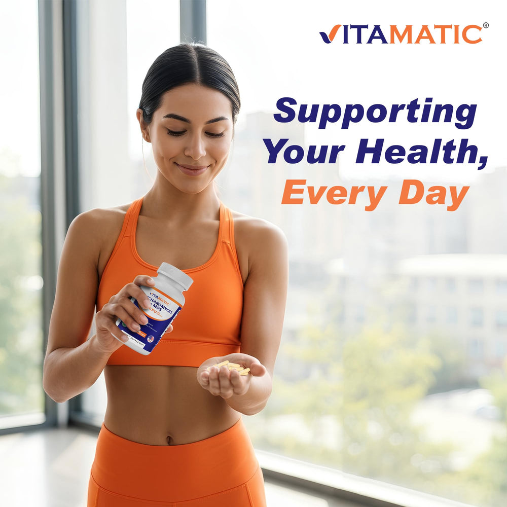 Vitamatic bottle showing 60 capsule serving count for daily use