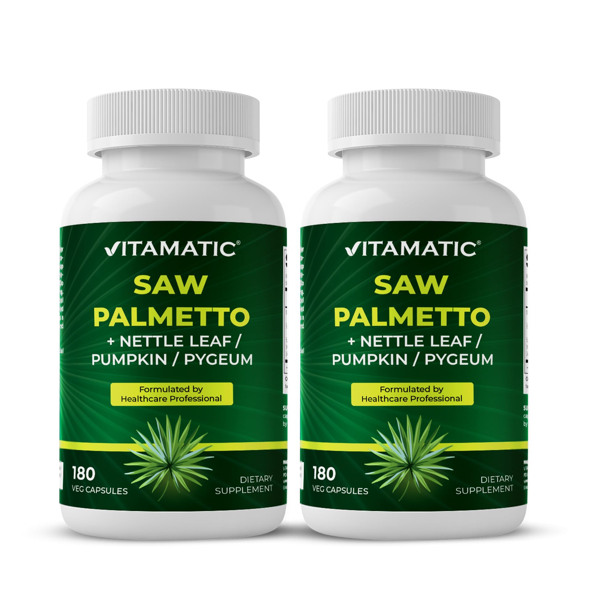 Vitamatic Saw Palmetto Extract bottle front highlighting 180 vegan capsules for daily support