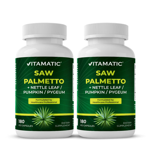 Vitamatic Saw Palmetto Extract bottle front highlighting 180 vegan capsules for daily support