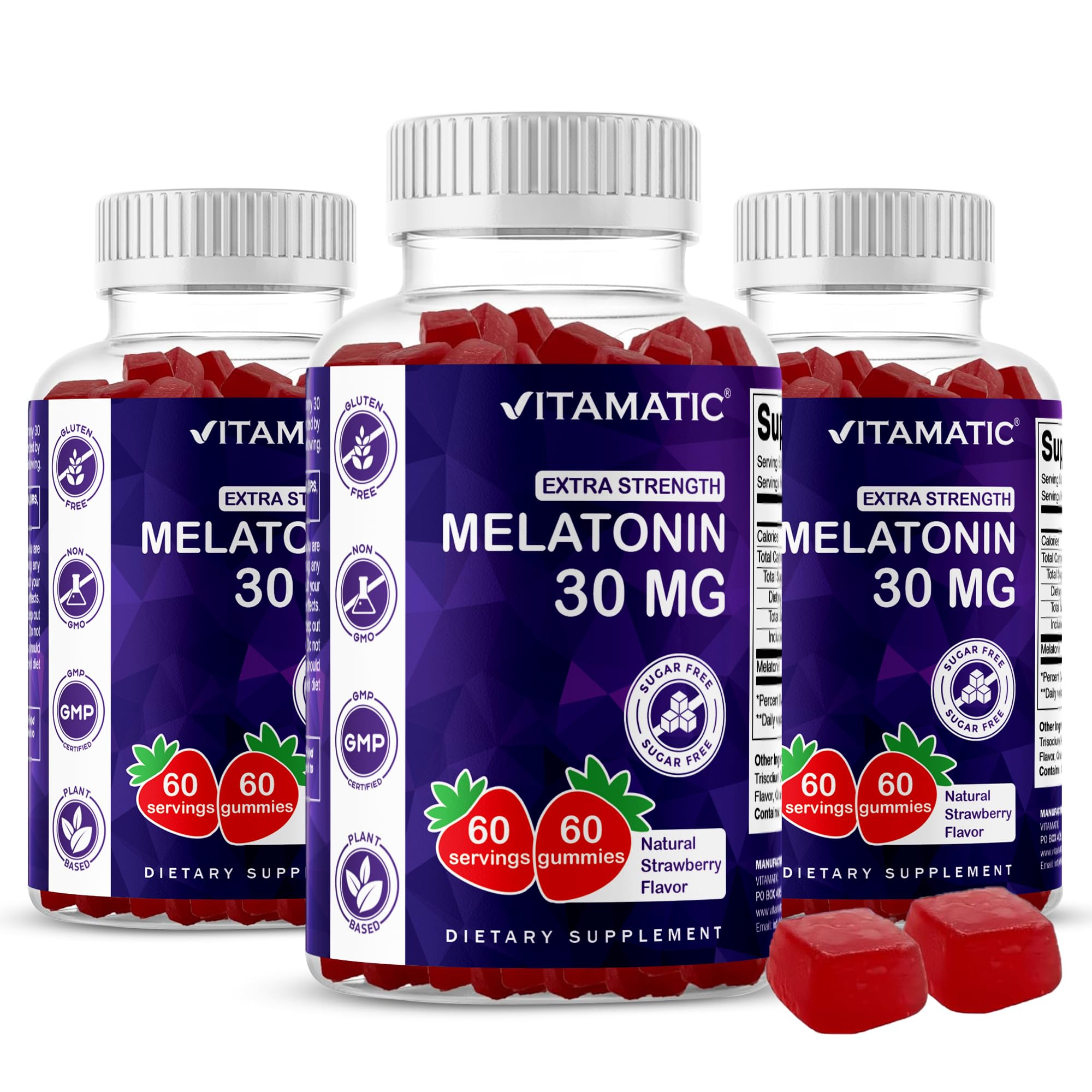 Vitamatic gummy bottle shows strawberry flavor for a relaxed bedtime routine.