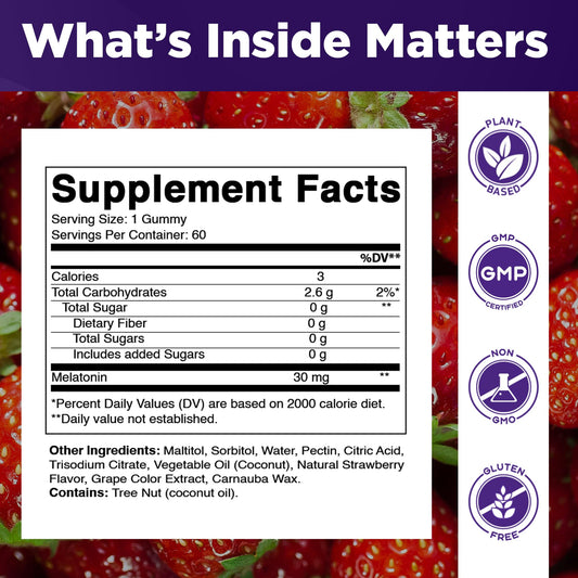 Vitamatic gummies pouring to show 30 mg per gummy for nightly use.
