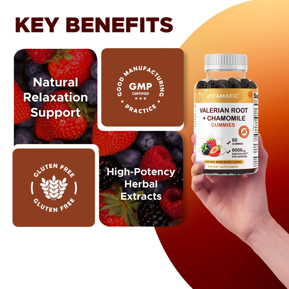Vitamatic Valerian Root Chamomile gummies labeling gluten-free and dairy-free