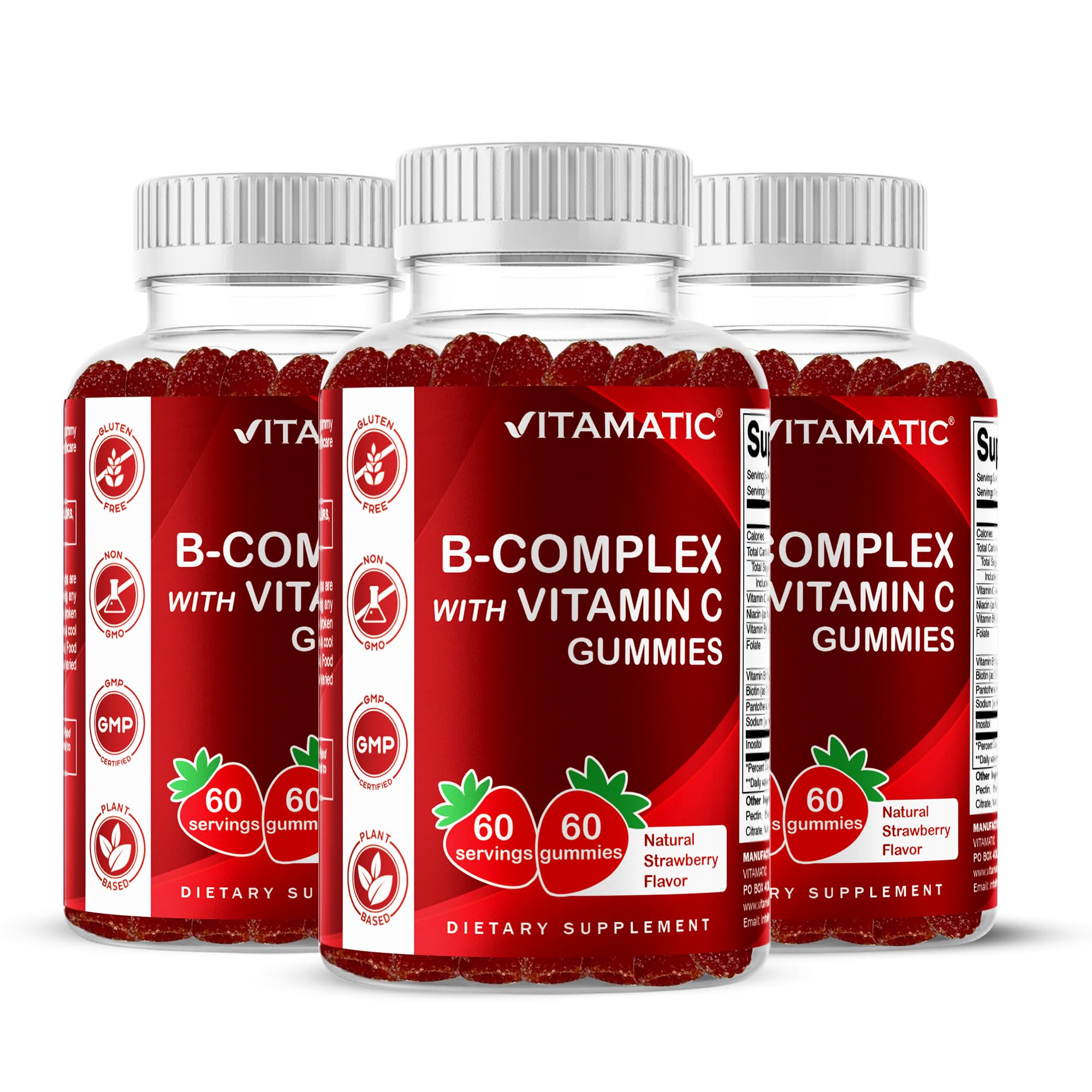 Vitamatic Vitamin B Complex Gummies bottle with natural strawberry flavor for daily energy support