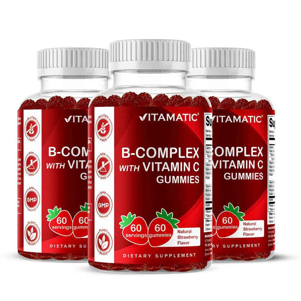 Vitamatic Vitamin B Complex Gummies bottle with natural strawberry flavor for daily energy support