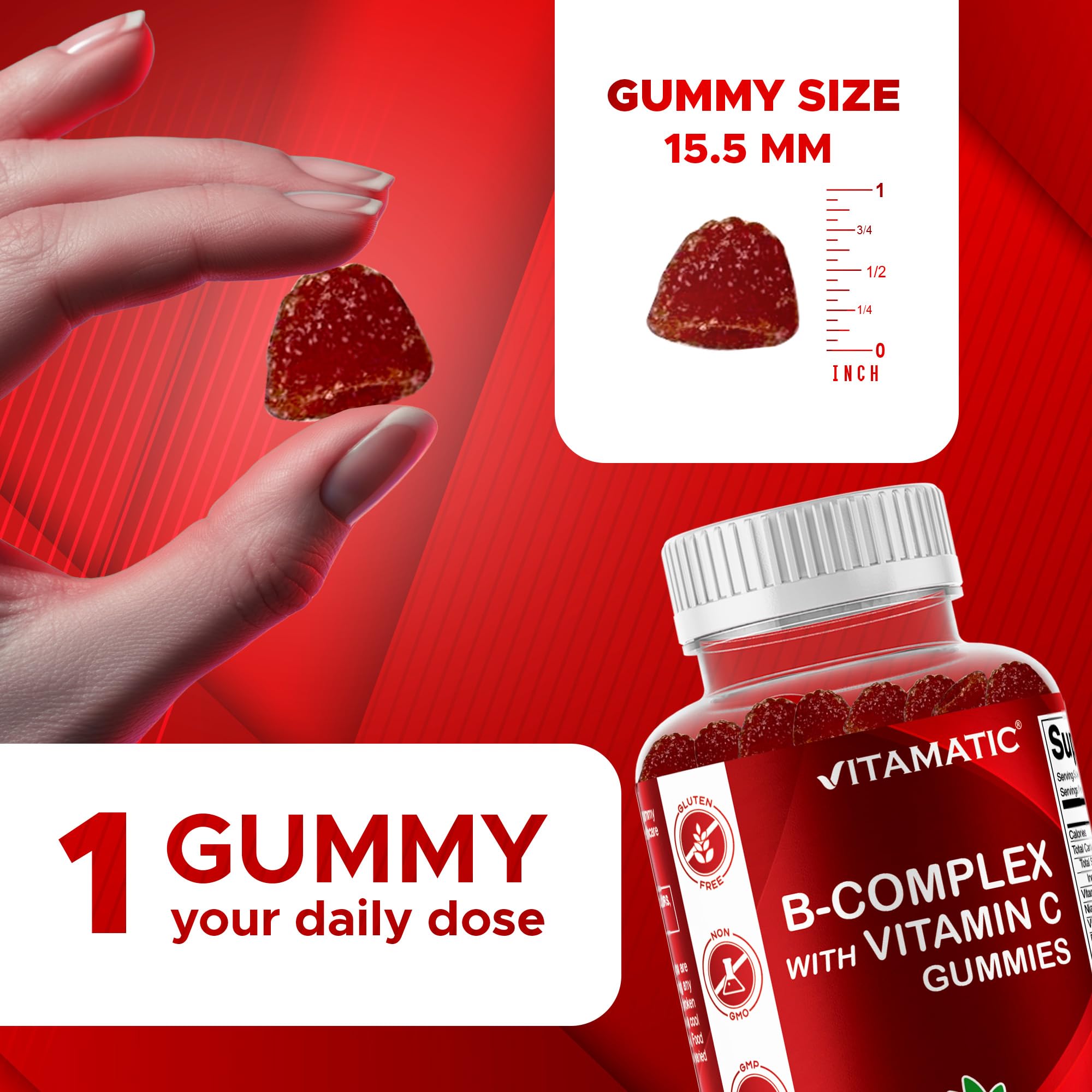 Ingredients label on Vitamatic gummies highlighting non-GMO and vegan-friendly formula