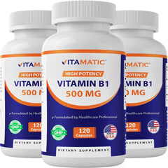 Vitamatic Vitamin B1 bottle caps showing daily energy support for busy days