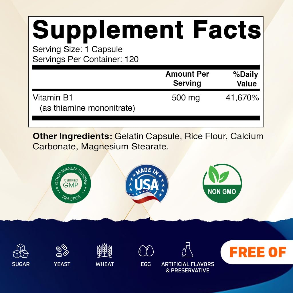 Vitamatic Vitamin B1 500mg nutrition facts panel highlights potency and quality