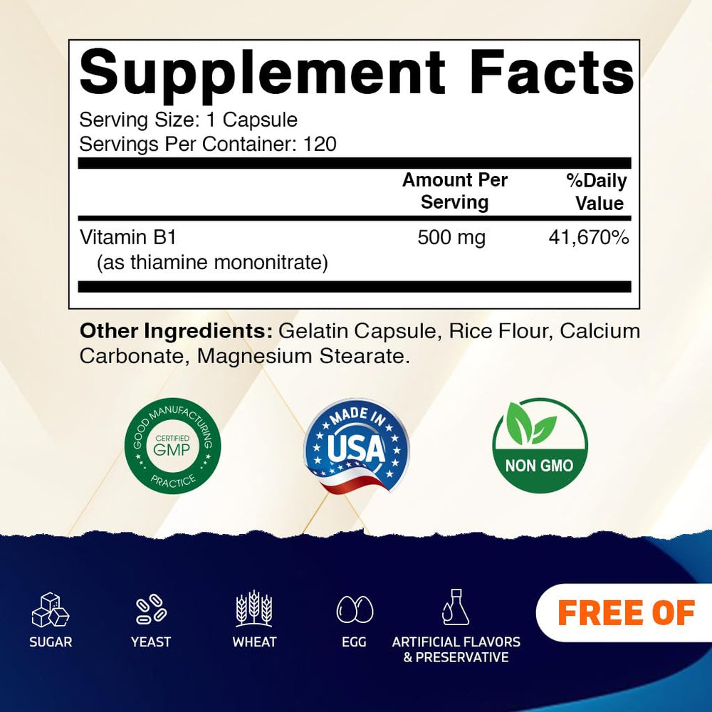 Vitamatic Vitamin B1 500mg nutrition facts panel highlights potency and quality