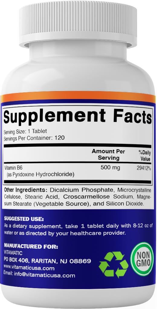 Vitamatic Vitamin B6 glossy label close-up, highlighting USA-made GMP standards.