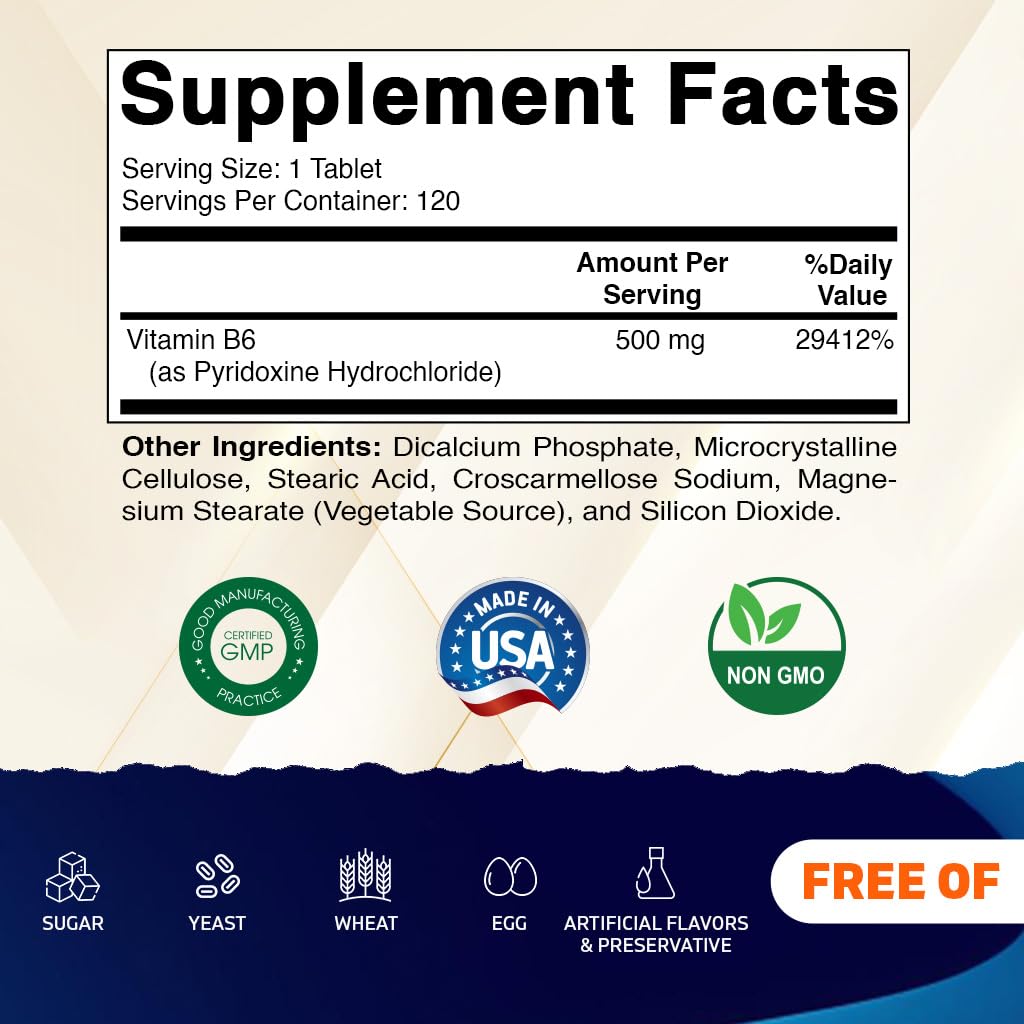 Vitamatic Vitamin B6 tablets close-up, compact vegetarian tablets for daily metabolism support.
