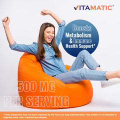 Vitamatic Vitamin B6 tablets inside bottle, easy to swallow for on-the-go nutrition.