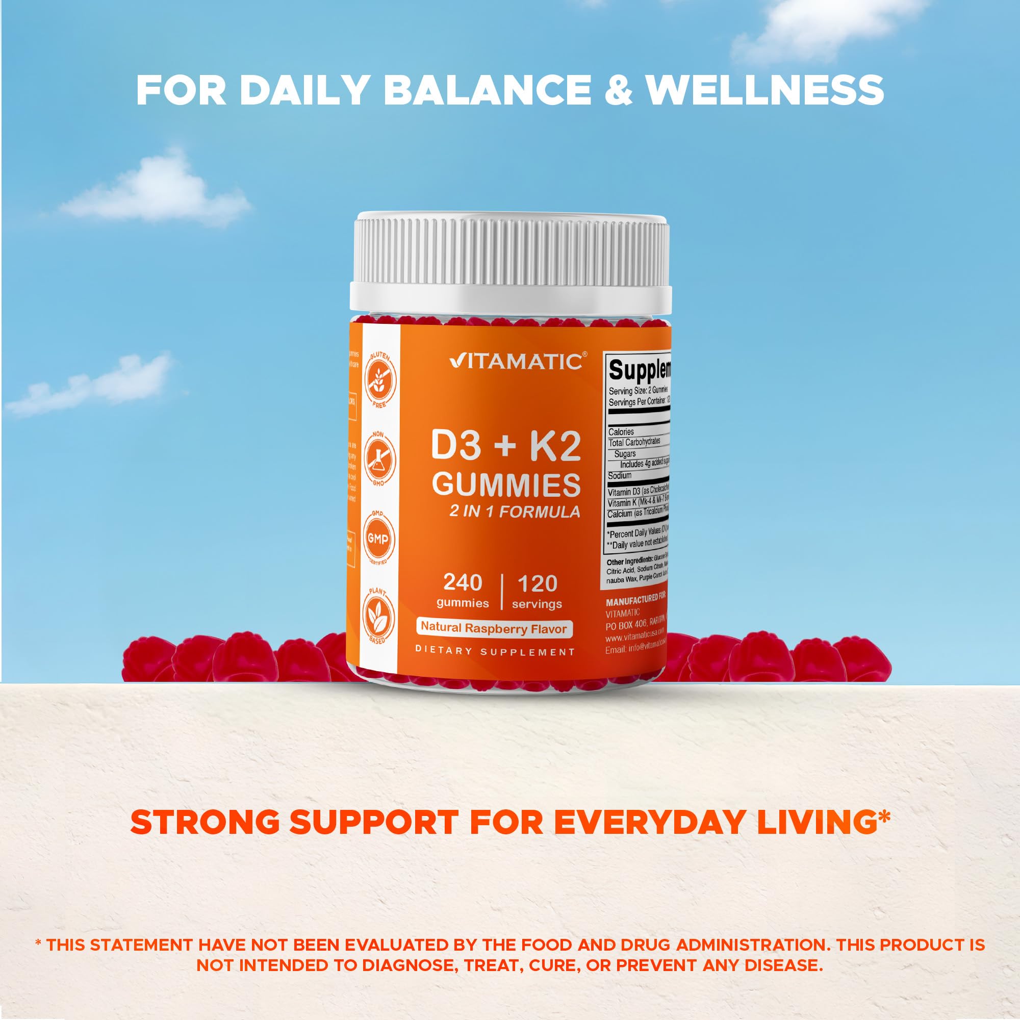 Vitamatic gummies beside calcium-rich foods to suggest bone support usage