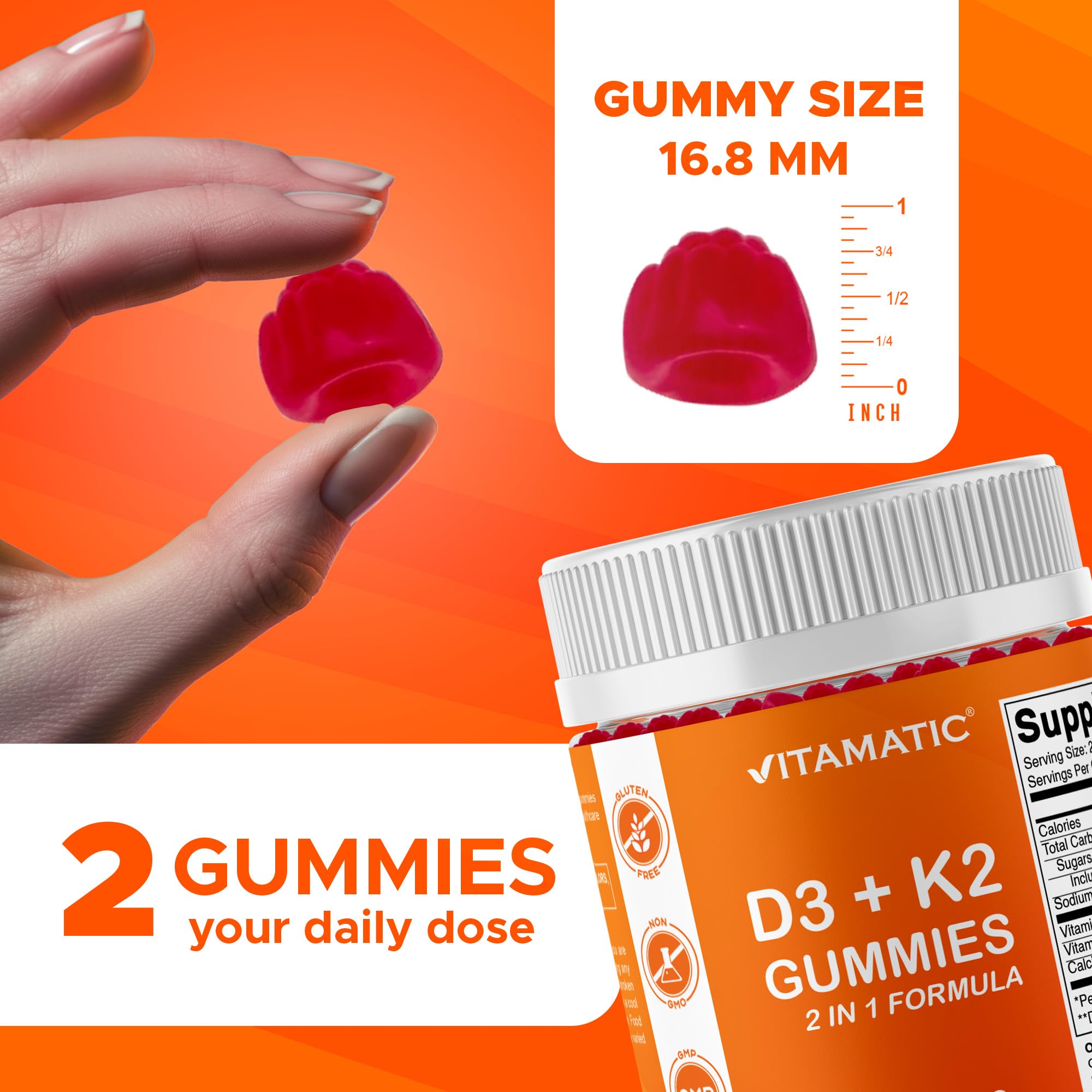 Vitamatic gummies poured to show easy daily intake and raspberry flavor