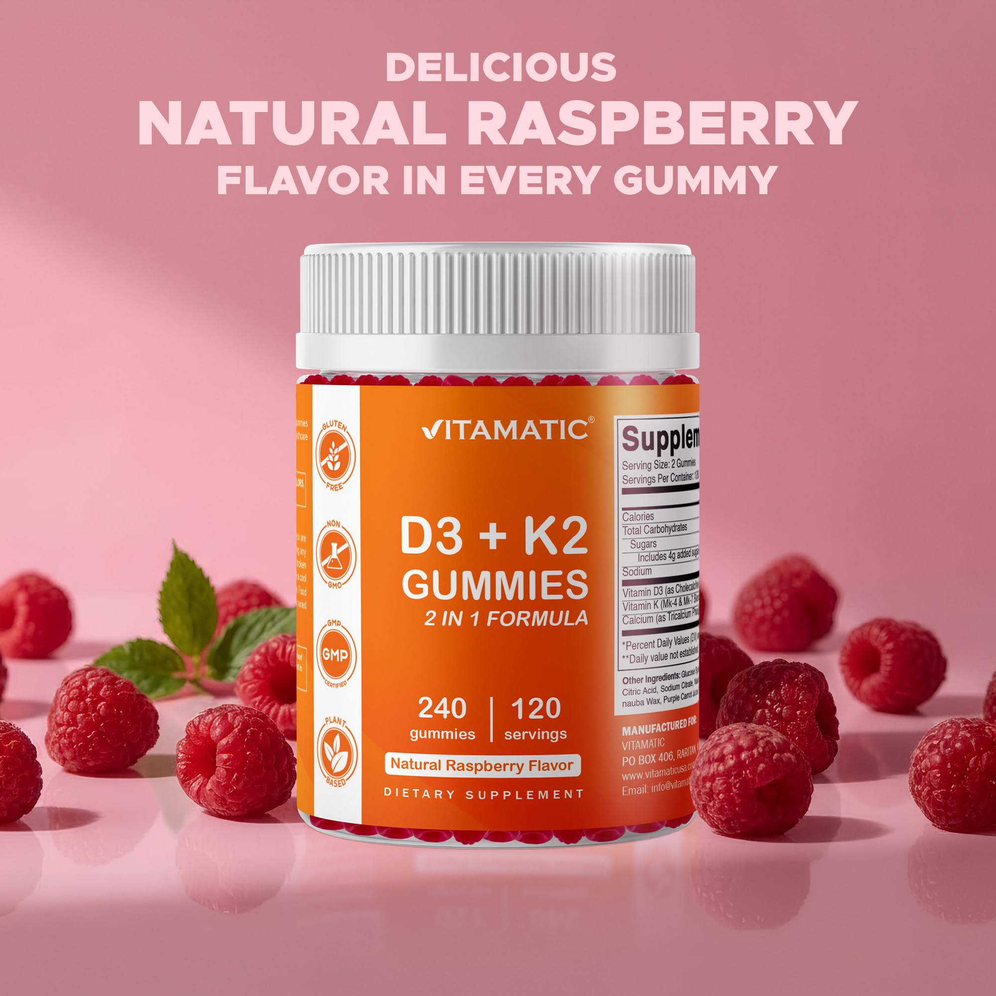 GMP facility icon on Vitamatic packaging implies quality and purity