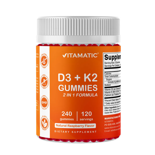 Vitamatic Vitamin D3 K2 with Calcium Gummies bottle shows raspberry flavor for daily bone support