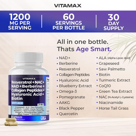 Vitamax Age Smart bottle being poured shows easy two-capsule dose.