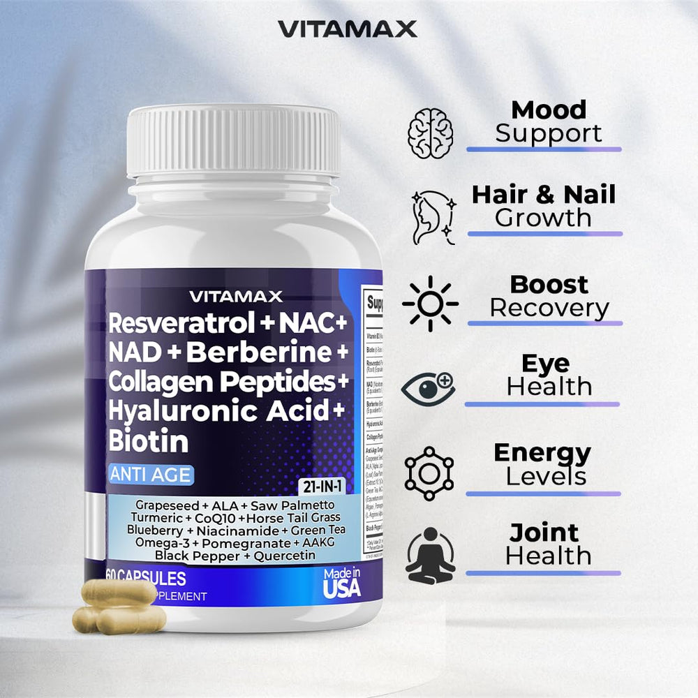 Vitamax capsules close-up highlighting a comprehensive 21-in-1 blend.