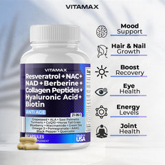Vitamax capsules close-up highlighting a comprehensive 21-in-1 blend.