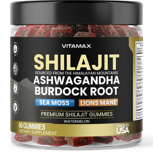 Vitamax Organic Shilajit Gummies bottle front—minerals blend for steady energy.