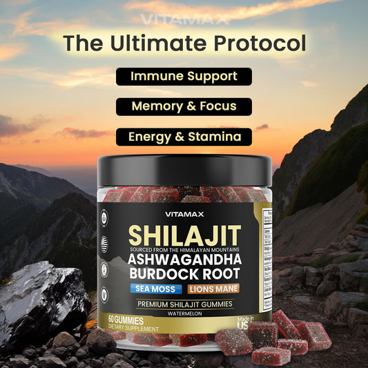 Vitamax Shilajit Gummies bottle pour—convenient daily dosing for wellness.