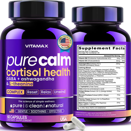 Vitamax Pure Calm bottle side shows label and calm-support formula.