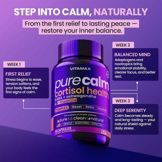 Vitamax Pure Calm capsules close-up highlighting vegan capsule format.