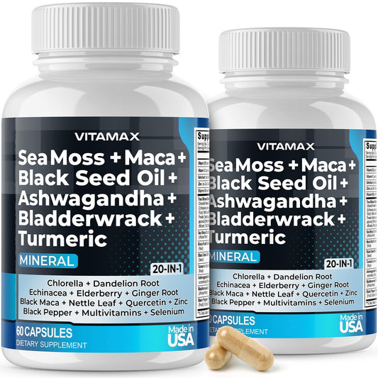Vitamax Sea Moss Maca Bladderwrack capsules bottle supporting natural minerals and everyday vitality.