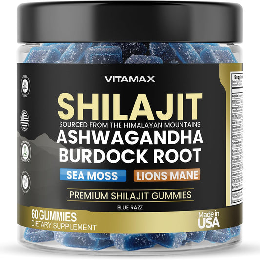 Vitamax Shilajit Gummies bottle front with Blue Razz flavor, supports daily energy