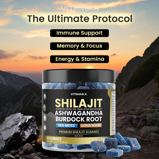 Vitamax Shilajit Gummies ingredients close-up with Sea Moss and Ashwagandha, supports focus